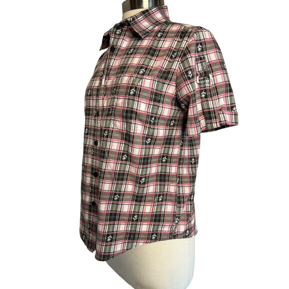 Adriana Delafield blouse medium short sleeve pink black pocket collar  FLAW - Picture 4 of 16